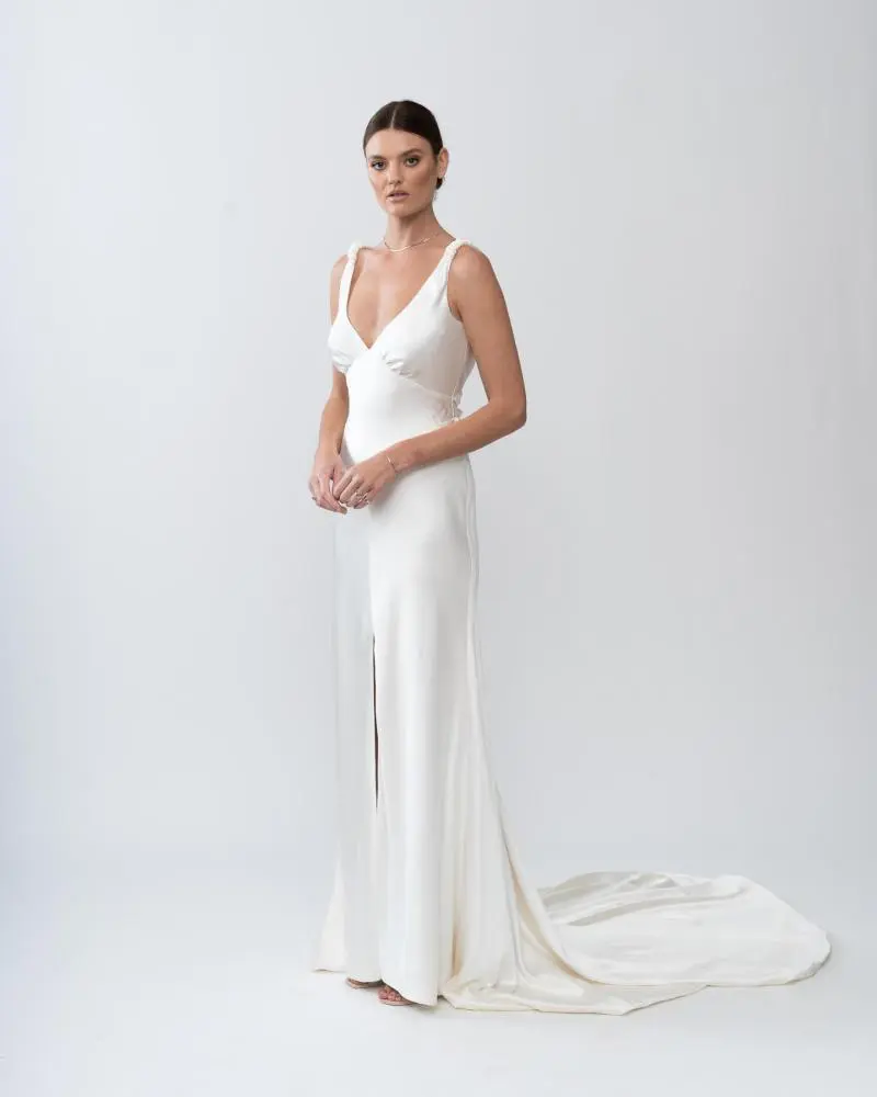 Athena, Simple Satin Wedding Dress With Split