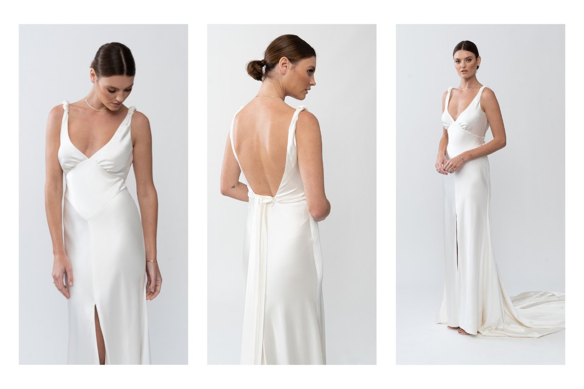 The Athena gown by Karen Willis Holmes, a minimalist satin wedding dress with v-neckline and open back.