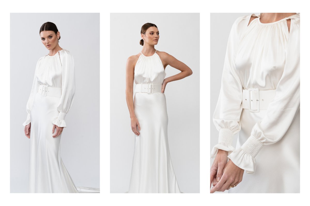 The Enya gown by Karen Willis Holmes, a simple, high neck fit and flare silk satin wedding dress with no sleeves. The image shows the high back.