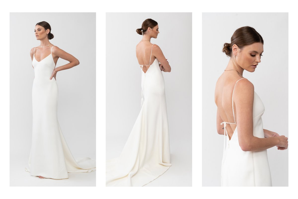 Back details of the Isadora gown by Karen Willis Holmes; a minimalist crepe v-neck wedding dress with open back.