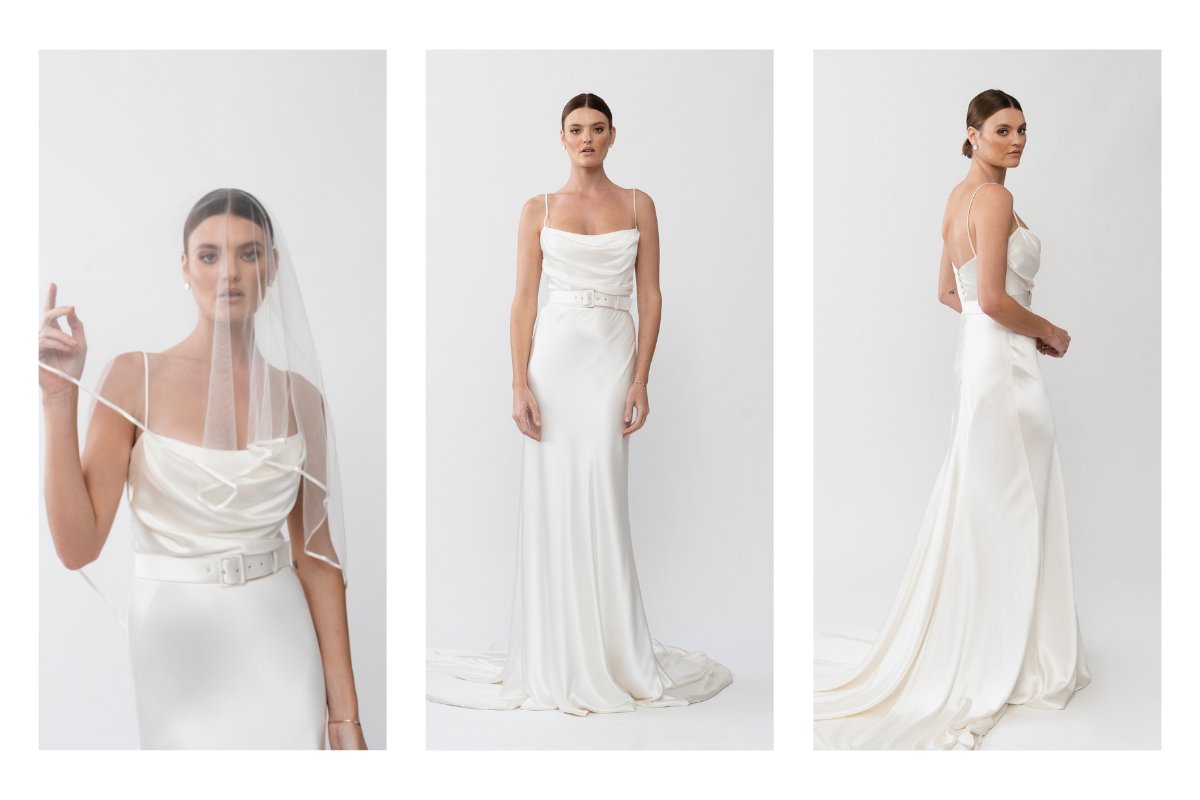 The Tiffany gown by Karen Willis Holmes, a straight neckline, simple satin wedding dress with spaghetti straps.