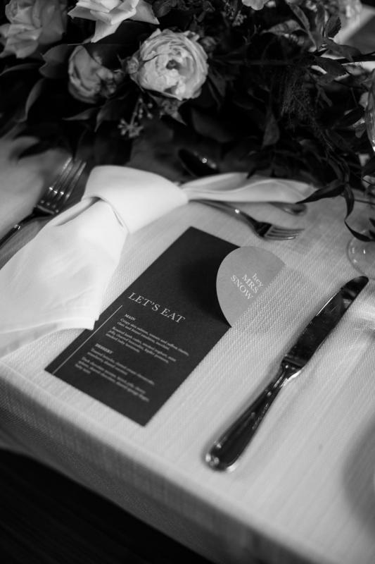 Black and white photo of Real bride Emily's menu on the reception table at Butler Lane by Peter Rowland.