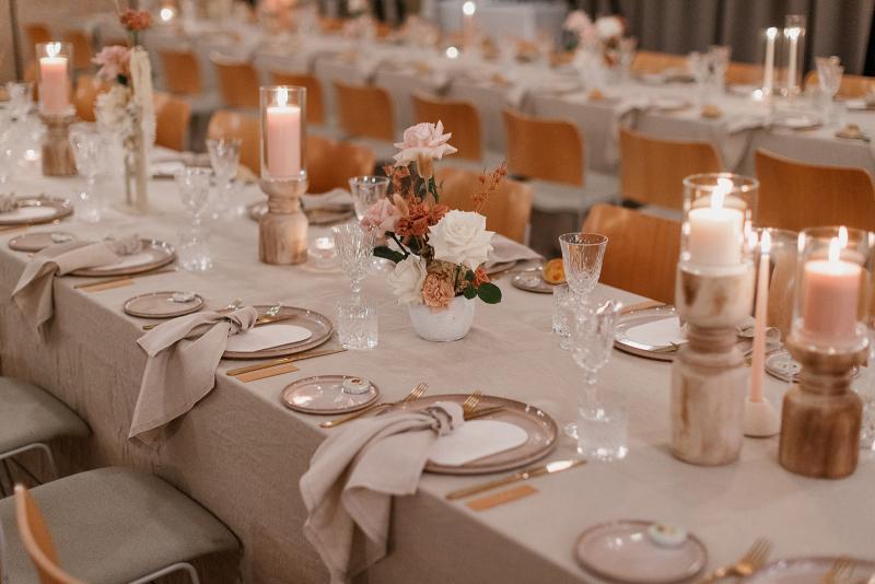 Taryn & Elizabeth-Karen Willis Holmes- Morgan& Nick- Wedding reception with a beautfiul set up of soft pinks, greys & organic structures