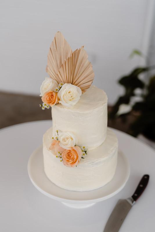 Shelly Elizabeth-Karen Willis Holmes- Jade & Matt - Bride and Grooms wedding cake with beautfiul coral colors and white buttercream frosting