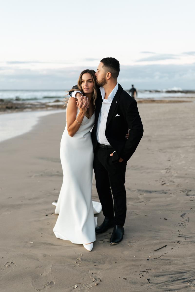Shelby-Karen Willis Holmes-Bride & Groom seen at Tweet Heads coast for their wedding. Bride Bec is seen in our timeless Shelby gown from our ELOPE collection