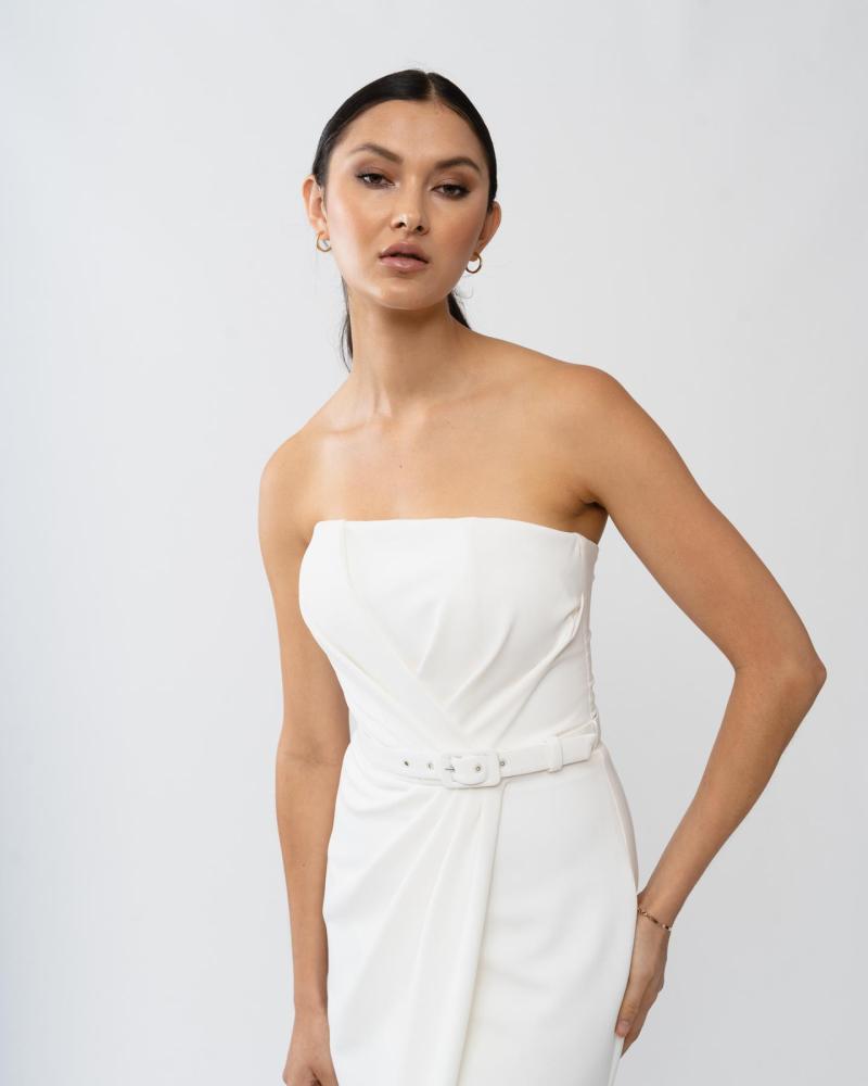 The Drew gown by Karen Willis Holmes, a strapless, straight neckline wedding dress with a fit and flare shape.