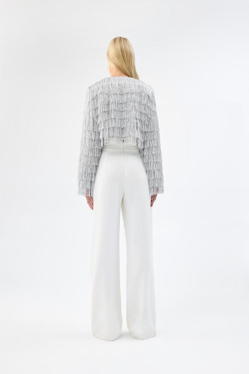 Copacabana Bridal Jacket by Unreal fur-a modern wedding jacket worn with KWH Bridal Martha pants