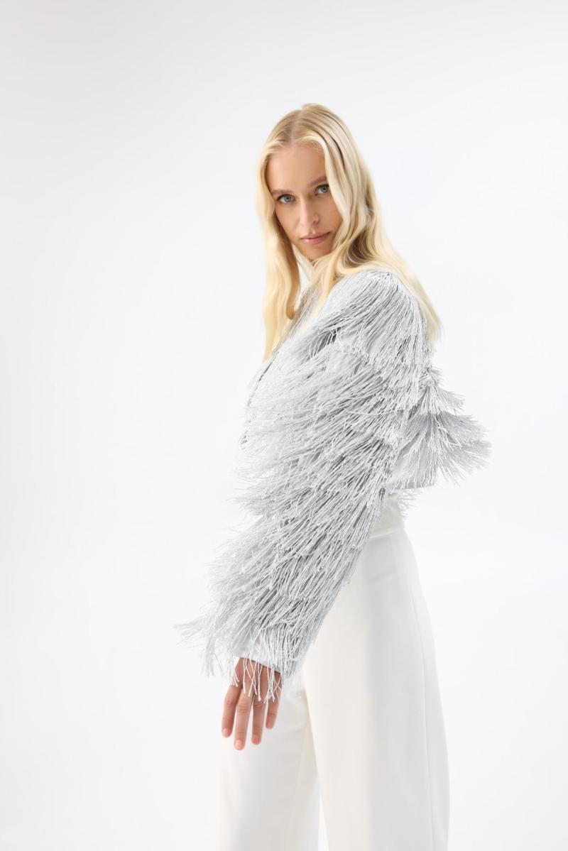 Copacabana Bridal Jacket by Unreal fur-a modern wedding jacket worn with KWH Bridal Martha pants