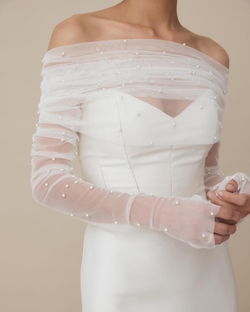 Erin bridal wrap and fingerless gloves in beaded tulle