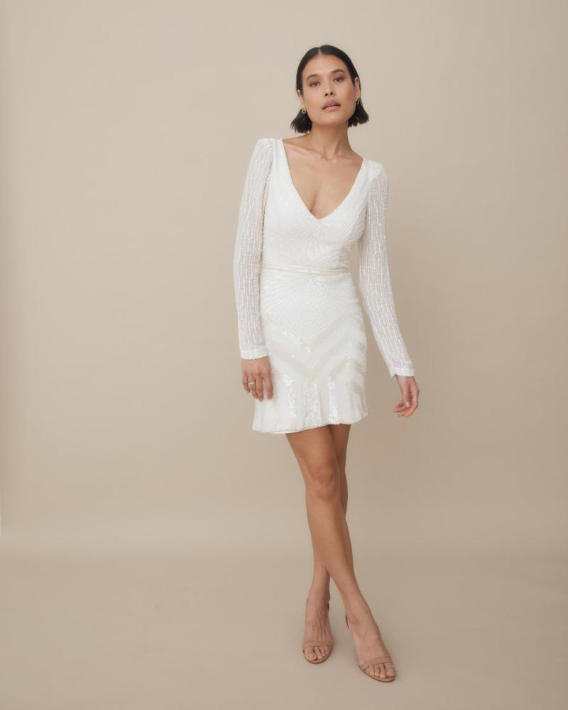 Karen Willis Holmes Perry Mini gown, beaded reception dress, elopement dress, beaded long sleeve mini dress