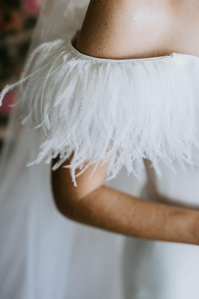 Raven wedding dress by Karen Willis Holmes-closeup detail of ostrich feathers