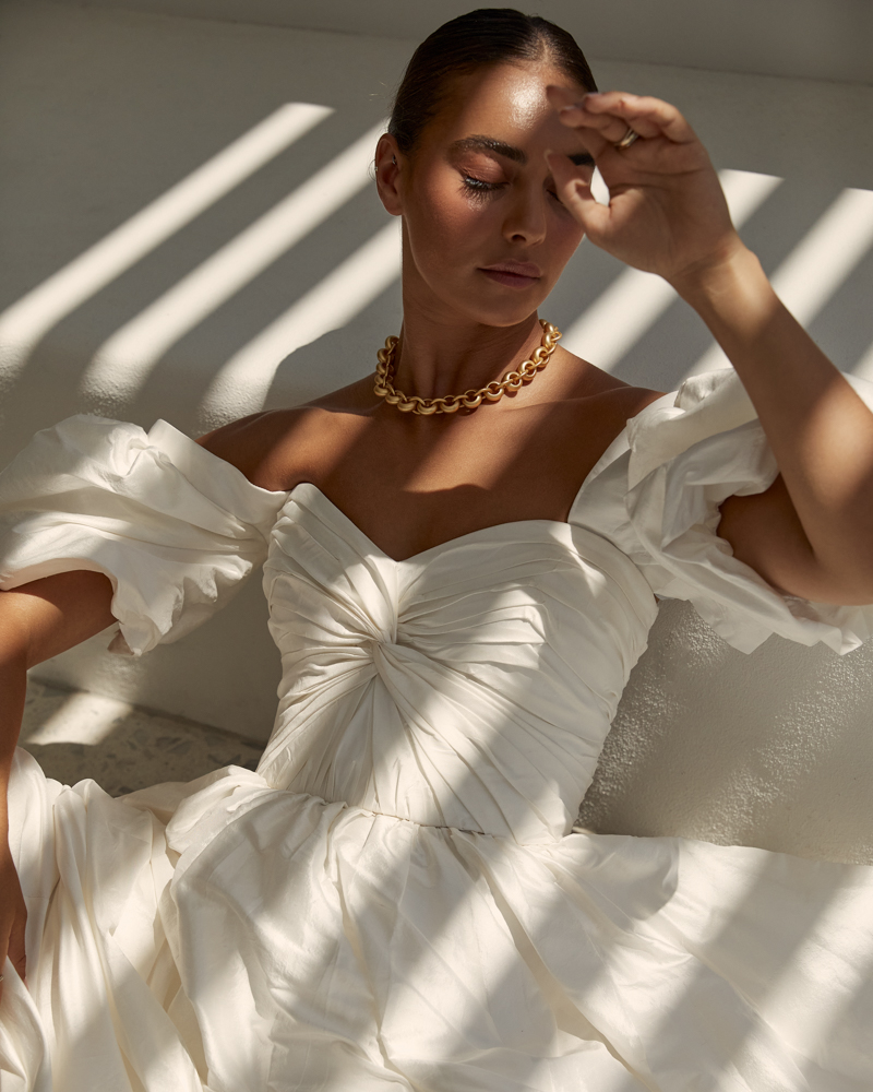 The Madelyn Julianne wedding dress with statement bubble sleeve and centre ruched bodice by Karen Willis Holme from the 2023 Bridal Campaign