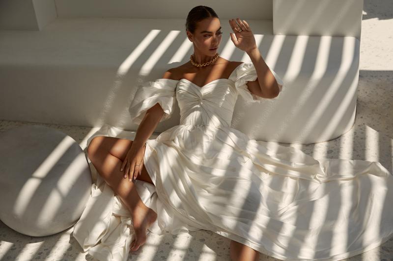 The Madelyn Julianne wedding dress with statement bubble sleeve and centre ruched sweetheart neckline bodice by Karen Willis Holmes from the 2023 Bridal Campaign