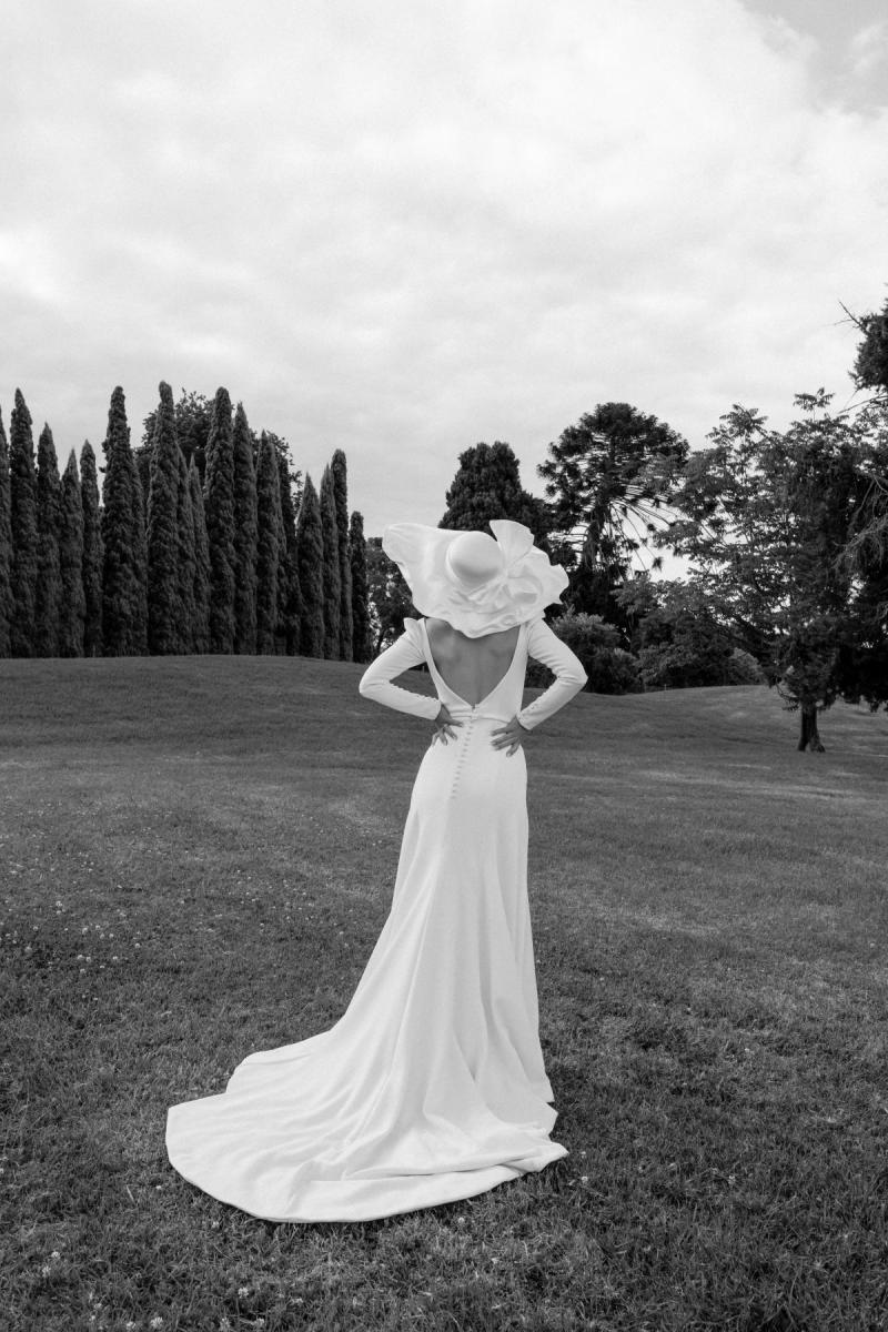  Aubrey is a simple classic modern wedding dress by Karen Willis Holmes - soft A line style bridal gown with statement sleeves and low back