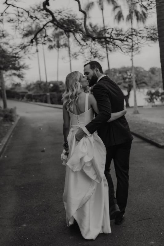 KWH real bride Abbie wears the Blake & Prea gown by Karen Willis Holmes, a modern structured wedding dress in satin mikado featuring a corseted bodice