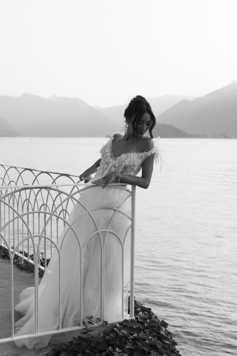 Jennifer wears the Denisa & Jules bridal Gown by Karen Willis Holmes to her Lake Como wedding styled shoot. Photographed by Pearce Brennan photography.