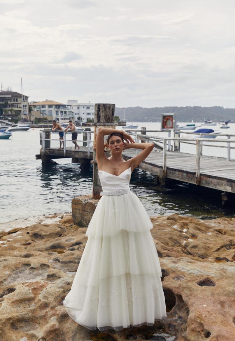 The Alissa & Matilda is for the dreamy bride. The Alissa Bodice features stunning hand draping, with a plunging pointed neckline to highlight your décolletage. The Matilda Skirt is tiered tulle dream Aline skirt.