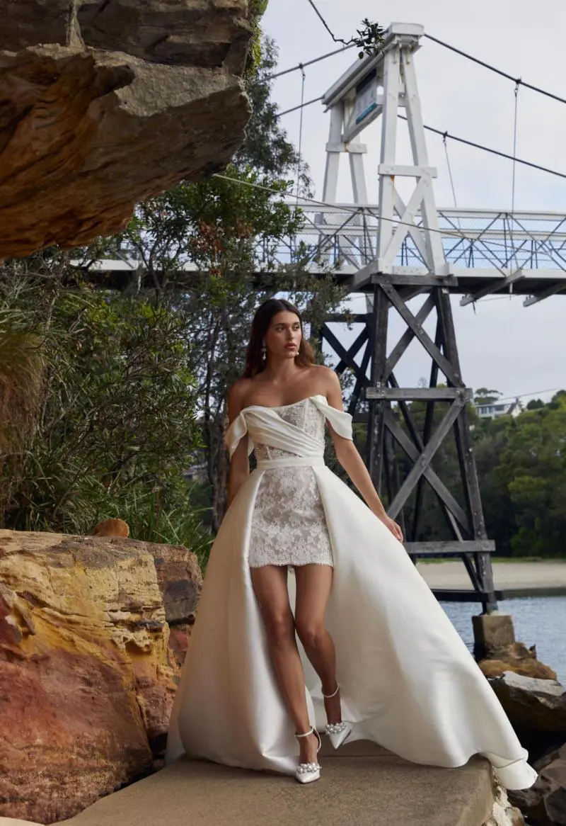 Off-Shoulder Lace Applique Sheath Wedding Dress | David's Bridal