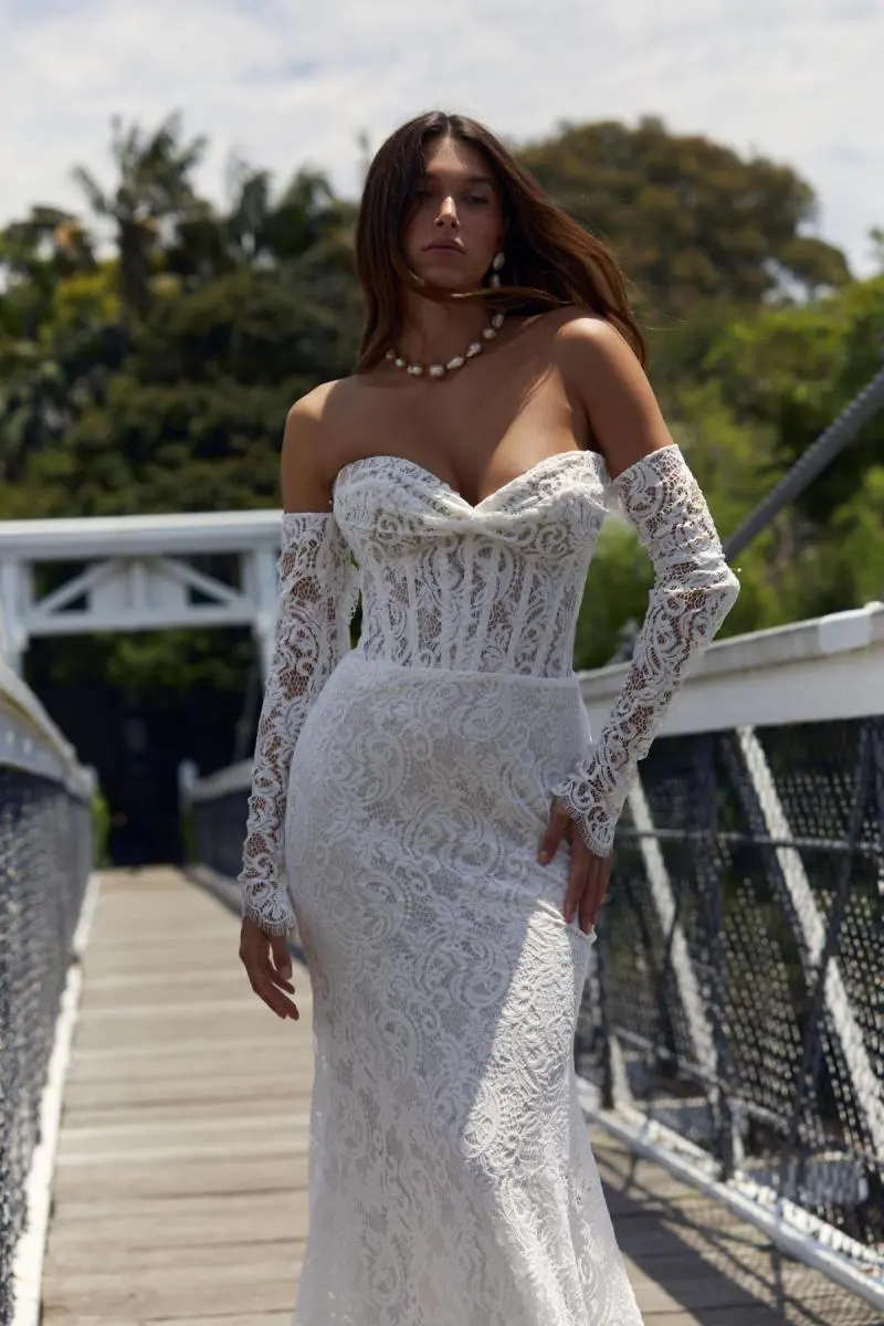 Long-Sleeve Lace Fit-and-Flare Wedding Dress with Long Train