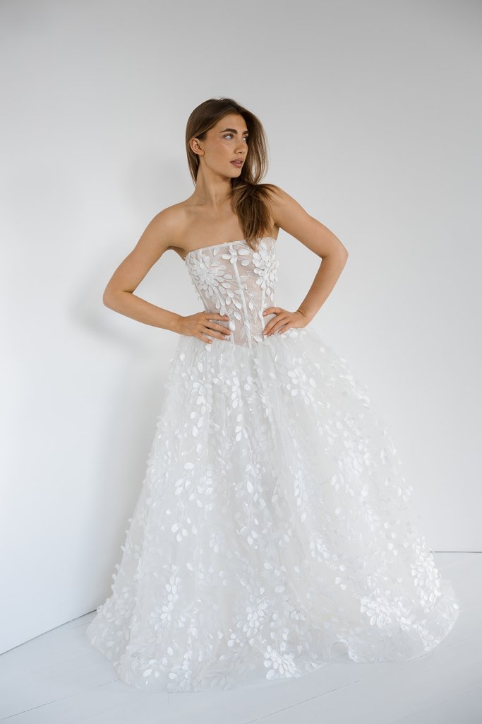 bailey strapless lace dress Bailey: Strapless Embroidered Organza Ball Gown Wedding Dress with Belt and 3D Flowers