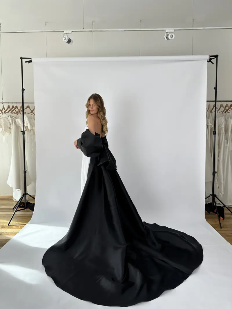 black friday wedding dress sale White Silk Crepe Bias Dress With Black Velvet Ribbon Bow Detail – Rodarte