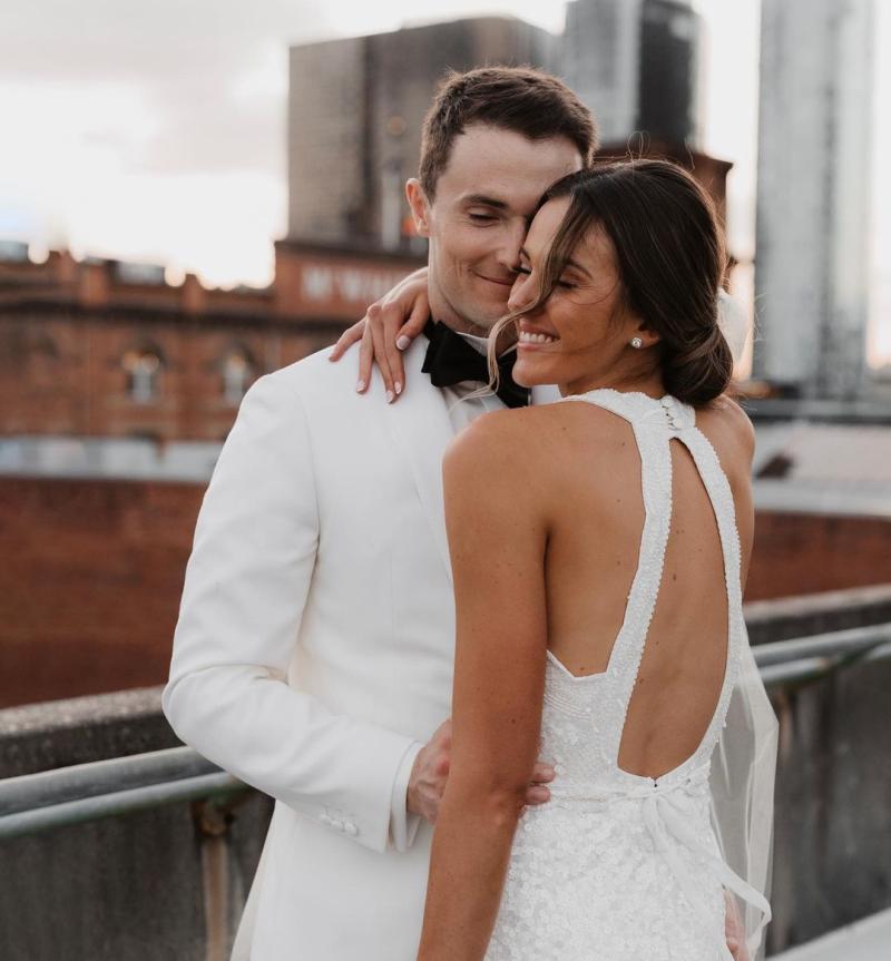 Luxe bridal Gown by Karen Willis Holmes- high neck traditional beaded-portrait -Carly Kelly Photography