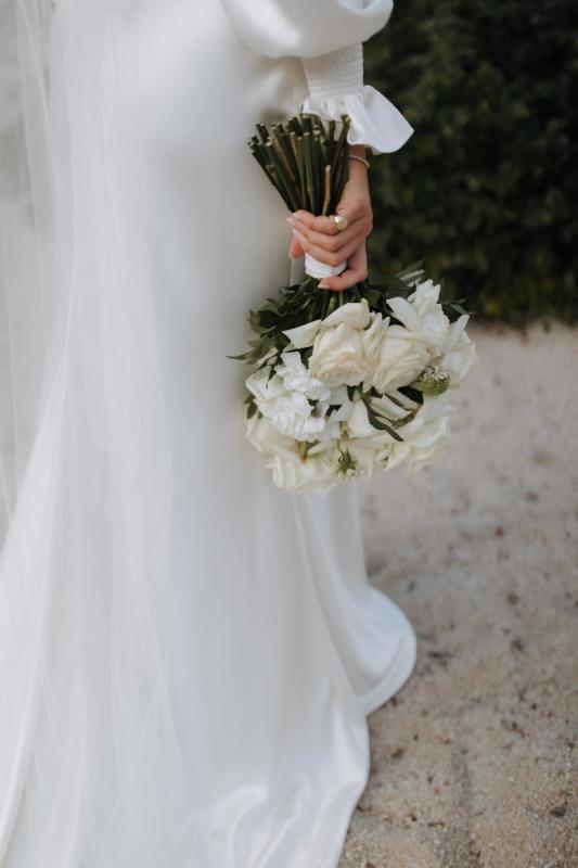 The Enya by Karen Willis Holmes, a simple, silk high neck wedding dress traditional