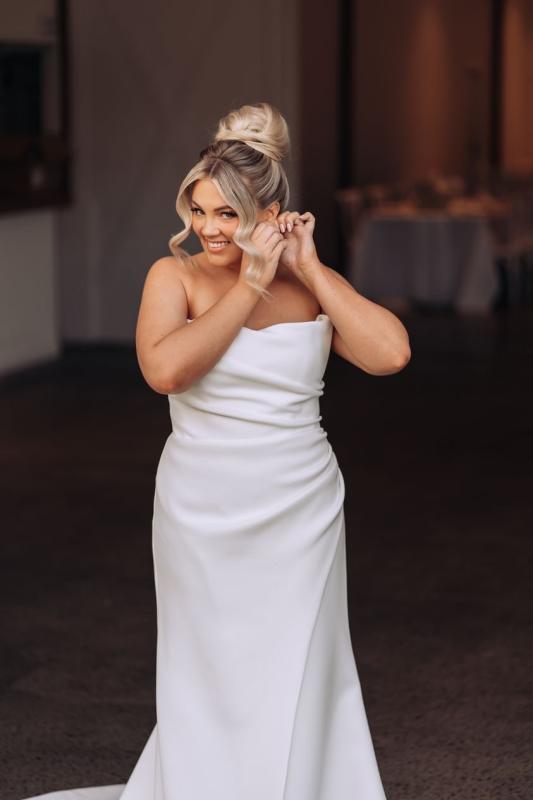 Karen Willis Holmes Real Bride Maadi wearing her modern Luella & Emily gown from KWH Bridal's Bespoke Collection.