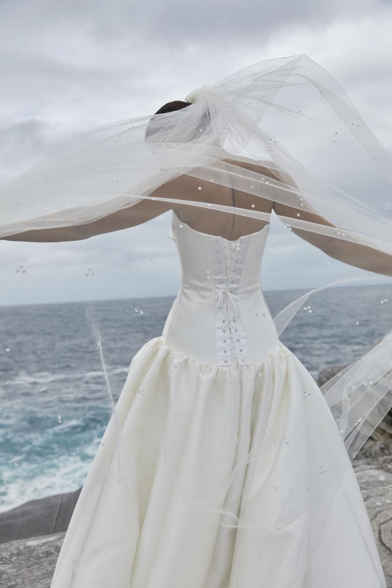 The Alek Wedding Dress from KWH Bridal - Karen Willis Holmes - Drop waist mikado ball gown wedding dress with peaked bodice cups and hand draping detail