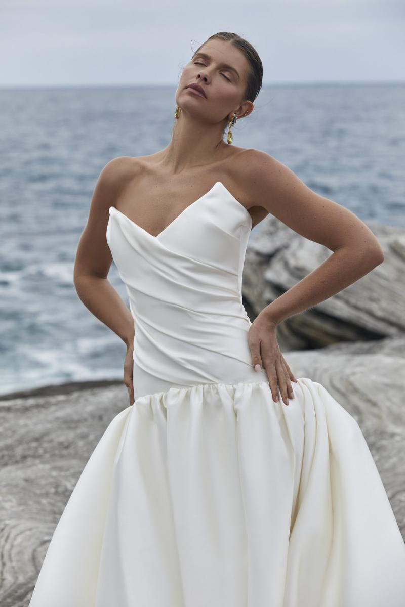 The Alek Wedding Dress from KWH Bridal - Karen Willis Holmes - Drop waist mikado ball gown wedding dress with peaked bodice cups and hand draping detail