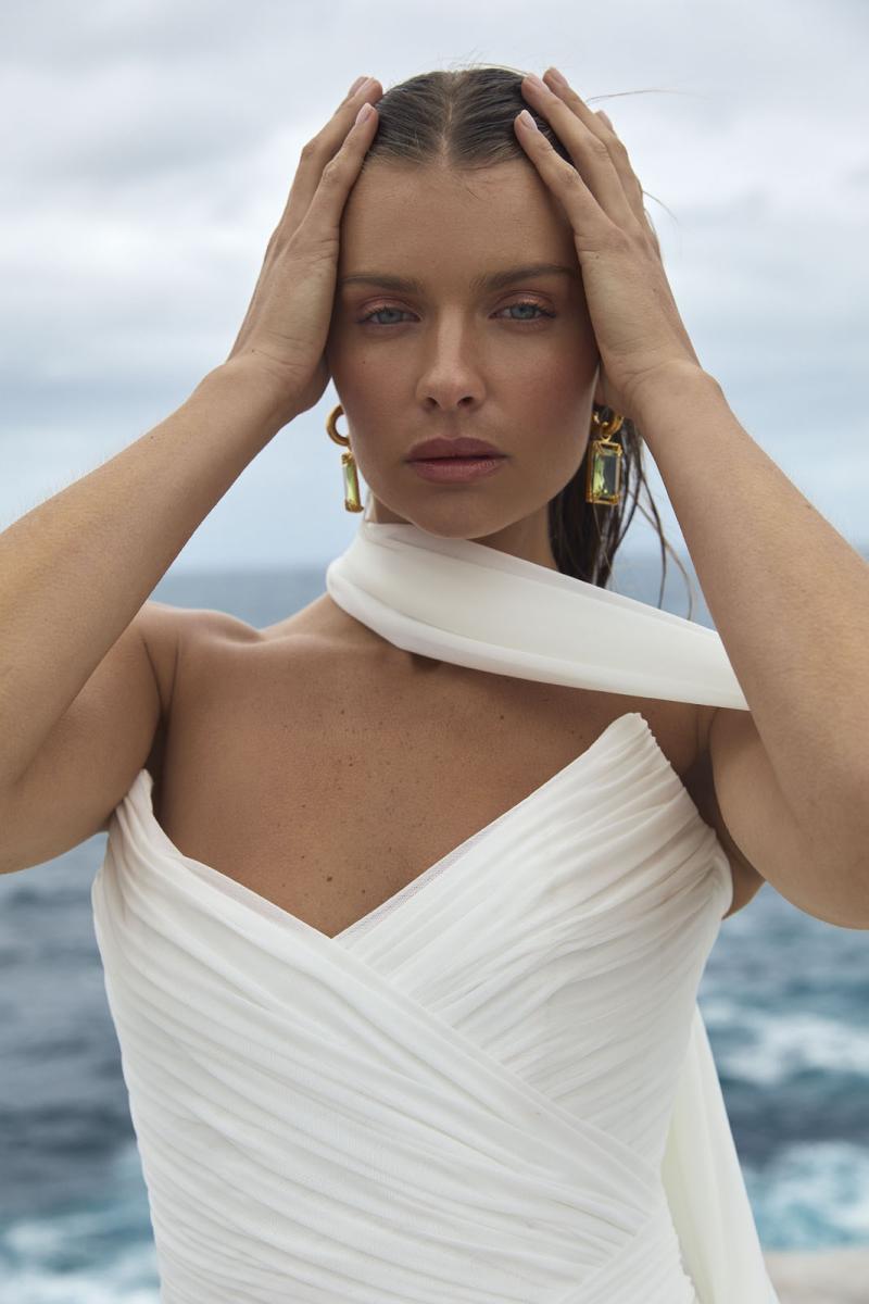 The Capri wedding dress from KWH BRIDAL – Karen Willis Holmes – Drop waist draped tulle mermaid princess gown with peaked bodice cups styled with a long scarf