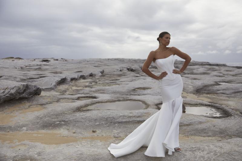 The Chyna & Mimi wedding dress from KWH BRIDAL – Karen Willis Holmes – Drop waist mikado corset bodice with ultra modern fitted mermaid skirt