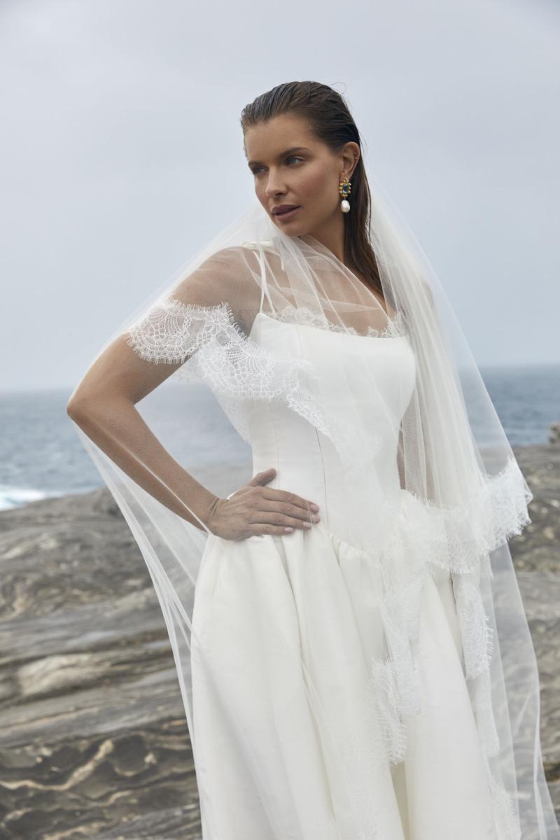 The Ciara wedding dress from KWH Bridal - Karen Willis Holmes - Scoop neck basque waist wedding gown with ballgown skirt in faux silk styled with lace wedding veil