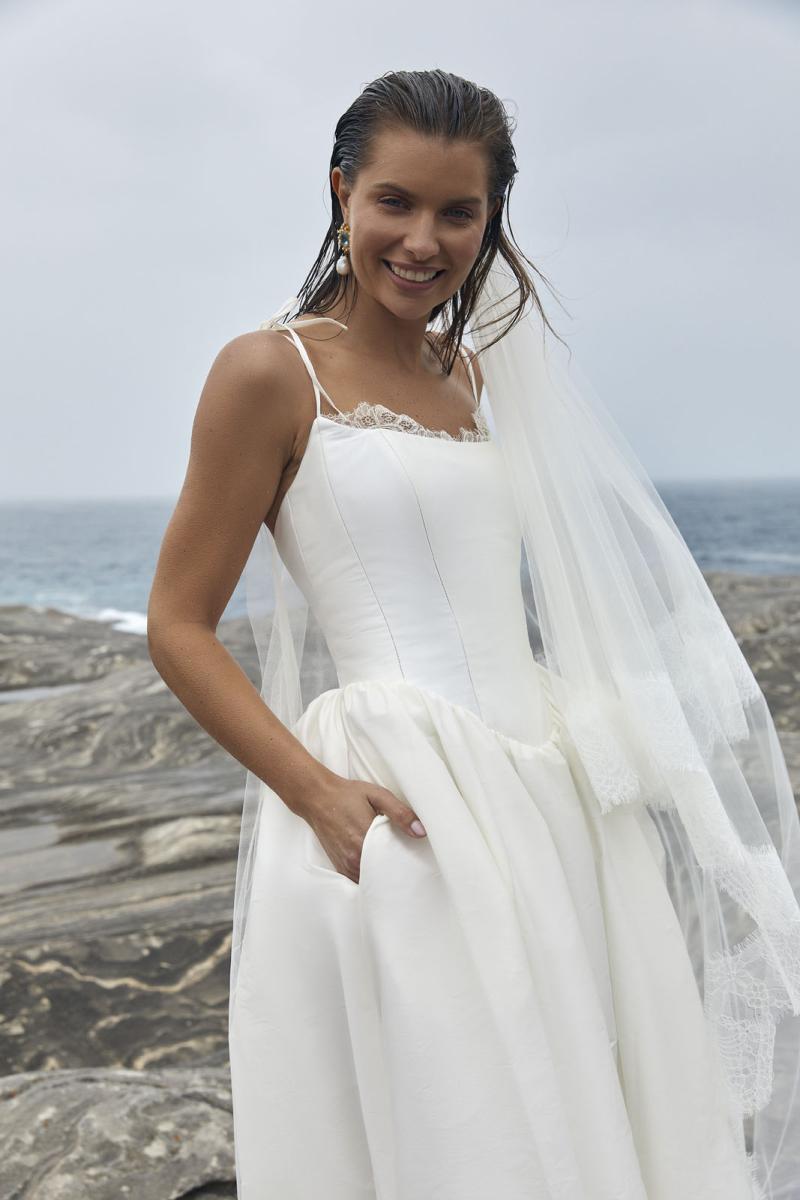 The Ciara wedding dress from KWH Bridal - Karen Willis Holmes - Scoop neck basque waist wedding gown with ballgown skirt in faux silk styled with lace wedding veil