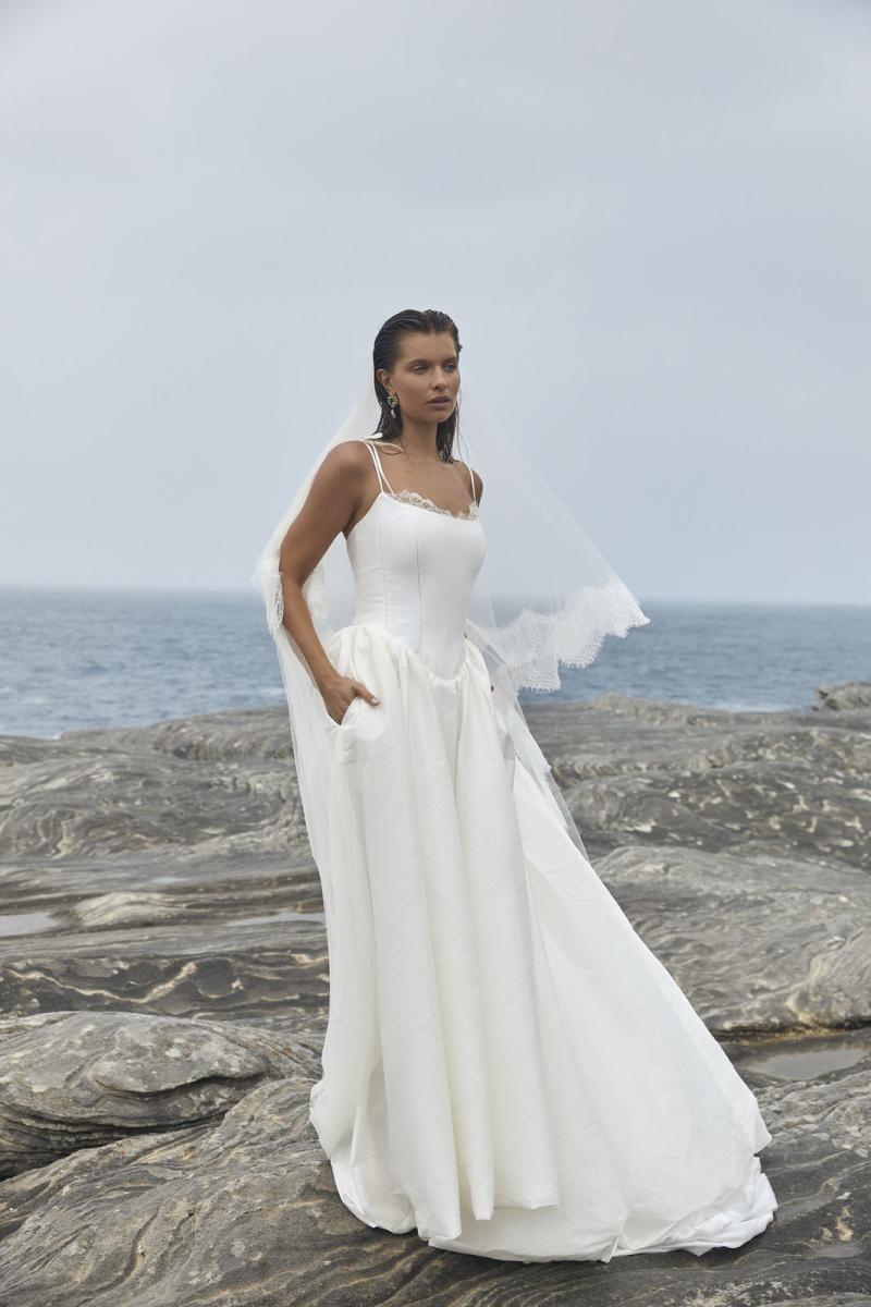 The Ciara wedding dress from KWH Bridal - Karen Willis Holmes - Scoop neck basque waist wedding gown with ballgown skirt in faux silk styled with lace wedding veil