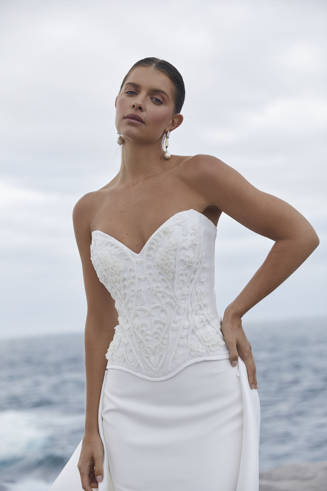 The Constance & Maya wedding dress from KWH Bridal - Karen Willis Holmes - Vintage Embroidered corset wedding dress with drop waist with fit and flare Mikado skirt, styled with Kai train detachable wedding train