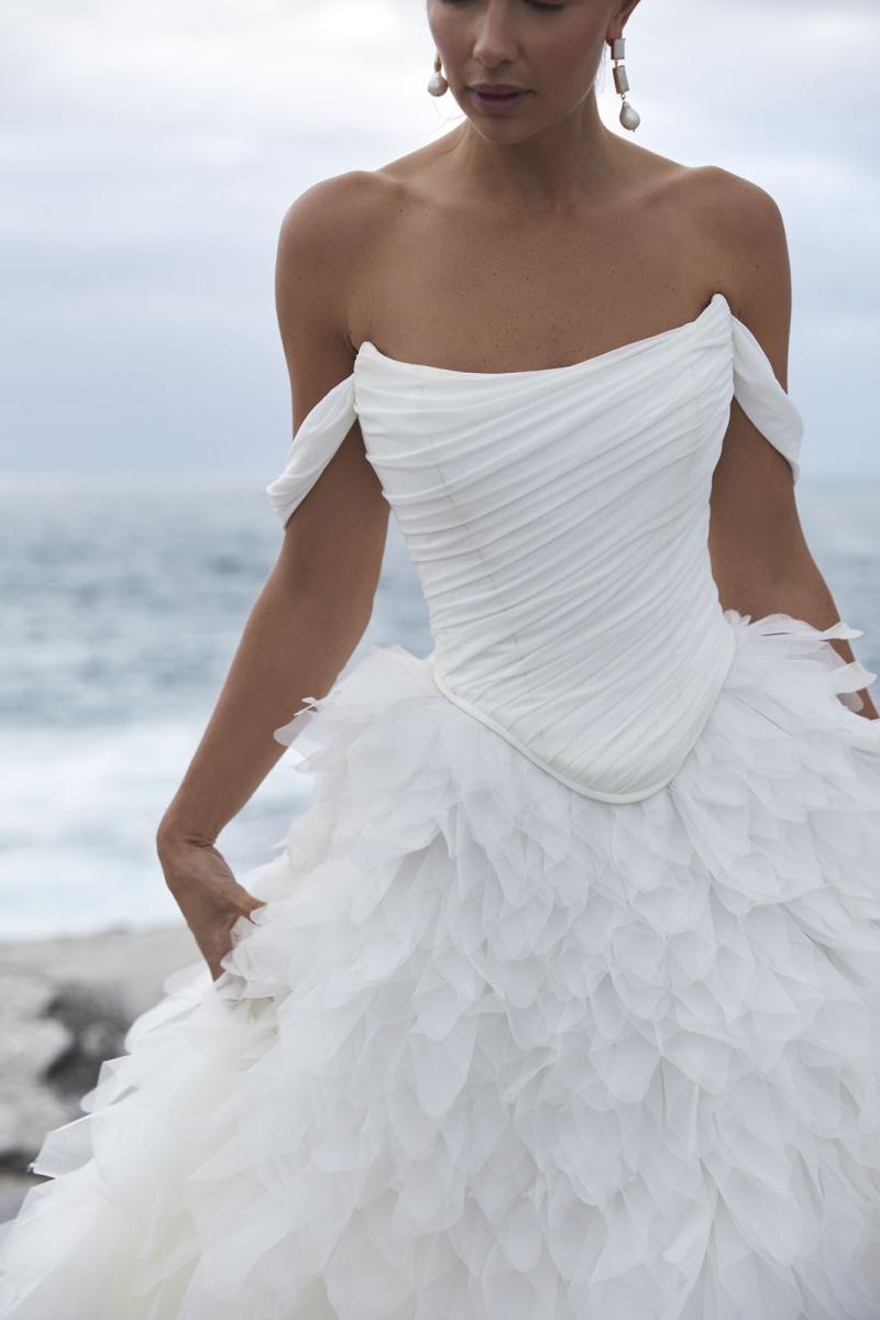 The Jordyn Basque & Dahlia Darling wedding dress from KWH BRIDAL – Karen Willis Holmes - Basque waist ruched bodice with organza princess skirt