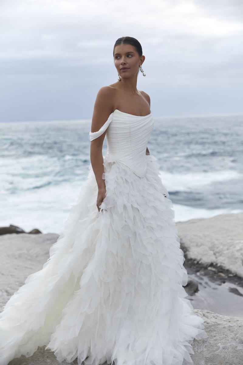 The Jordyn Basque & Dahlia Darling wedding dress from KWH BRIDAL – Karen Willis Holmes - Basque waist ruched bodice with organza princess skirt