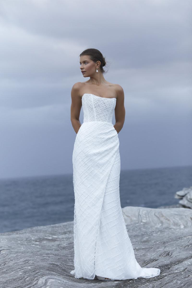 The Sinclair Wedding Dress from KWH Bridal - Karen Willis Holmes - Scoop neck beaded wedding dress with split styled with long scarf