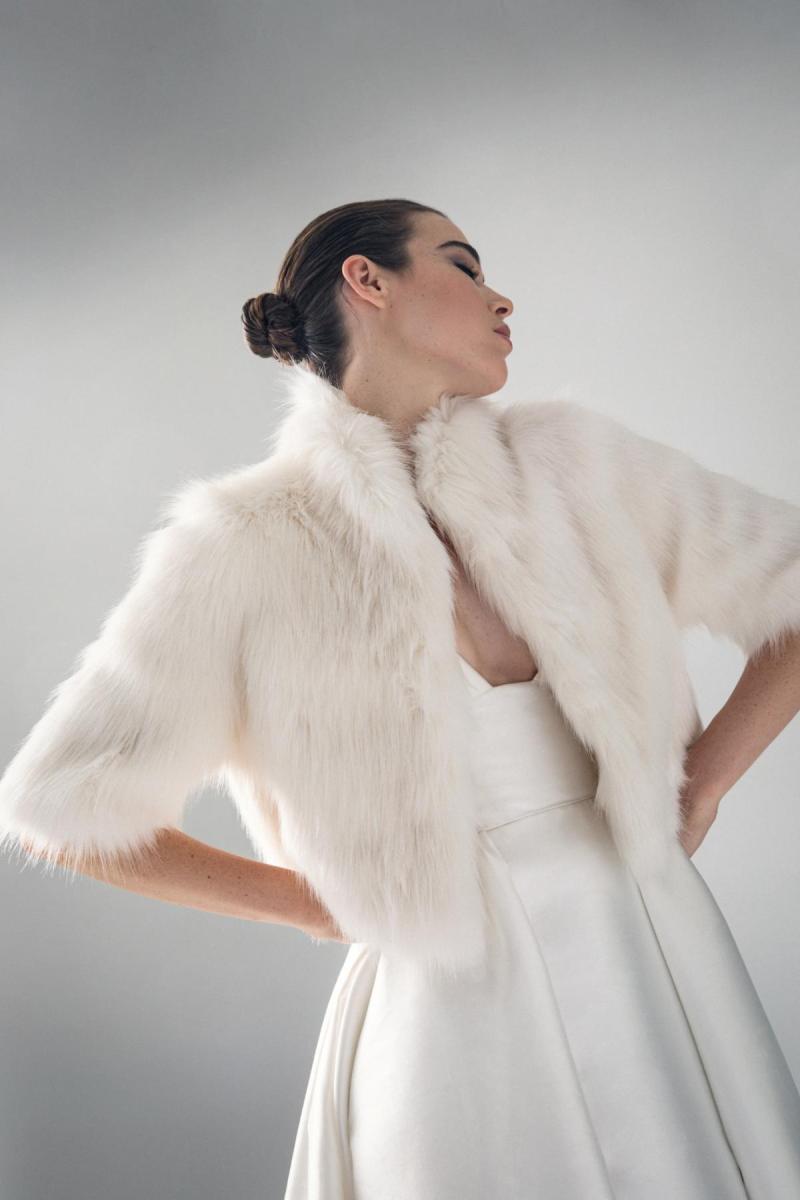 Unreal Fur Desire Cropped Jacket in Ivory bridal fur jacket australia worn with Karen Willis Holmes Wedding Taryn Kirsten Gown