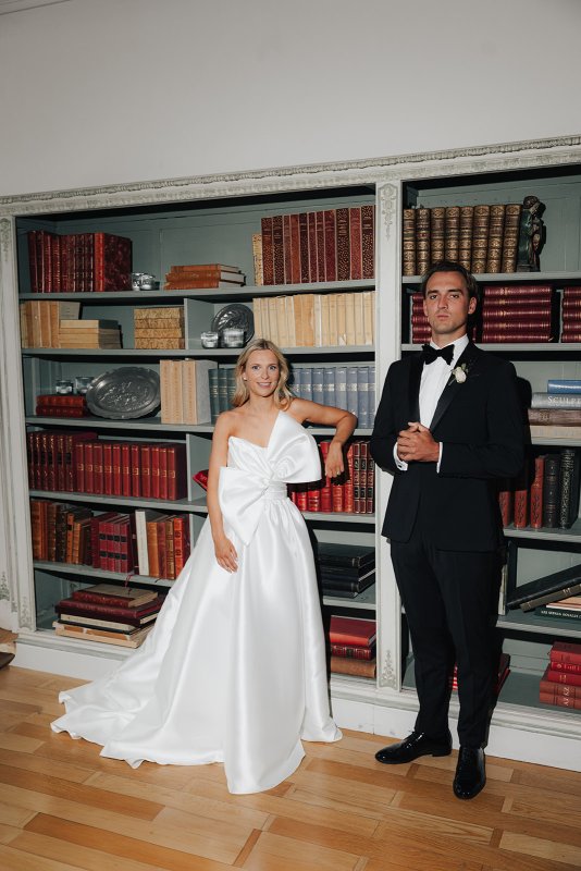 bride and groom with bride wearing ines and julianne gown