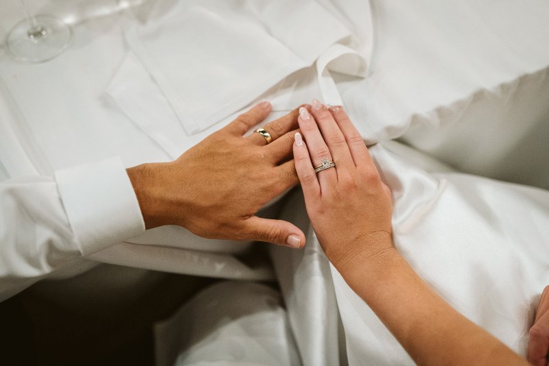 wedding gown, wedding rings