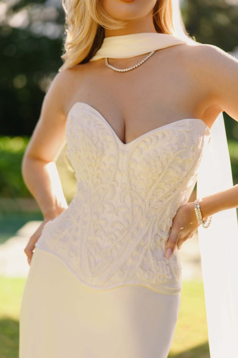 beaded corset dress, wedding dresses australia, kim kassas dupe
